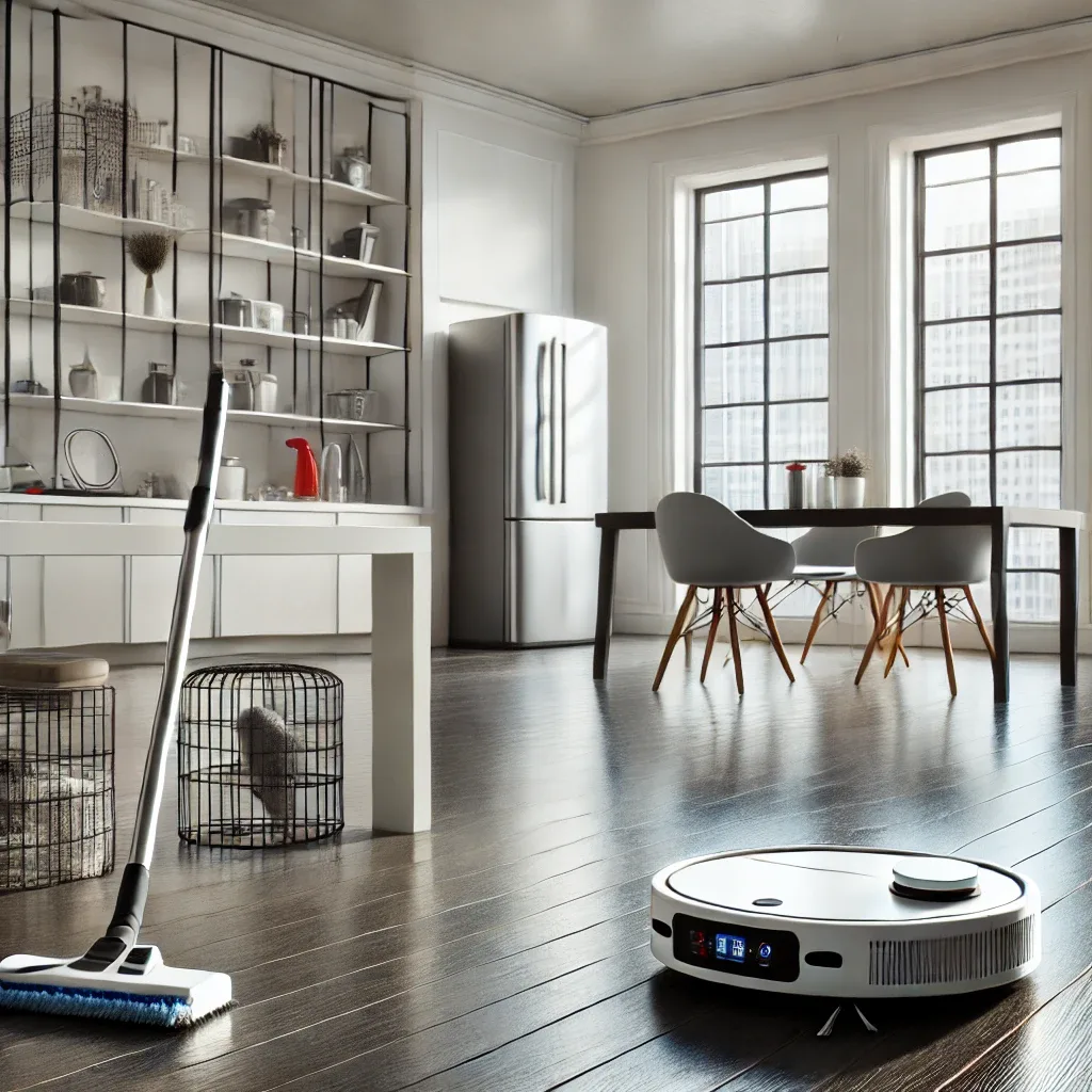 Modern clean home interior with a robotic vacuum and cleaning tools in action