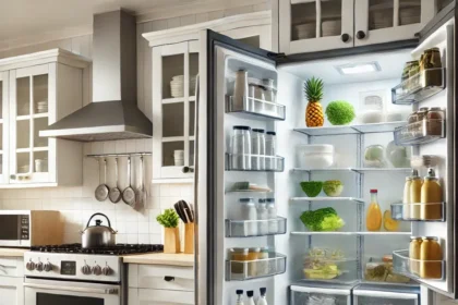 A modern kitchen with a clean, open refrigerator, spotless oven, and other tidy appliances
