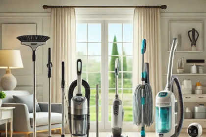 Organized cleaning tools in a bright, tidy room with vacuum, mop, and dusting equipment