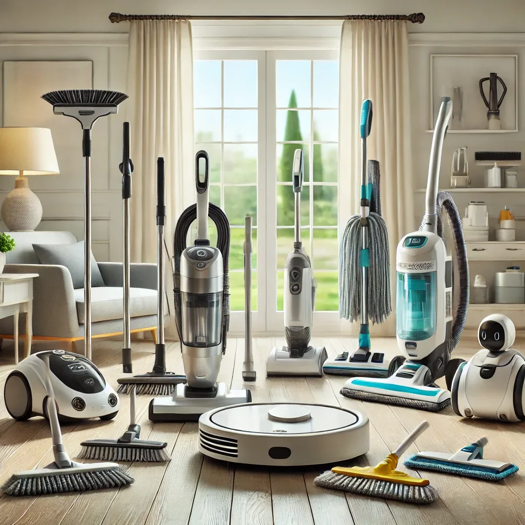 Organized cleaning tools in a bright, tidy room with vacuum, mop, and dusting equipment