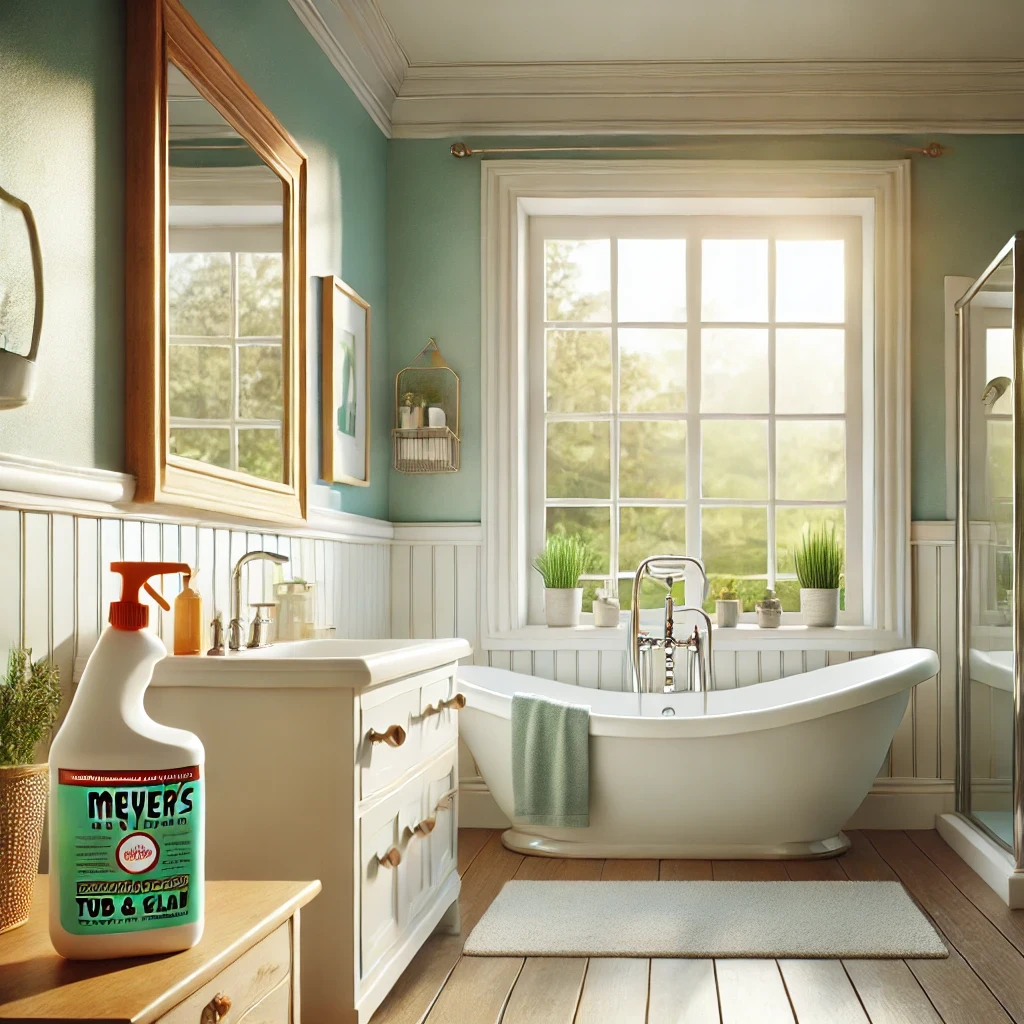 A bright, spotless bathroom with eco-friendly cleaning products beside a shiny tub and mirror