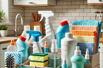 Neatly arranged cleaning caddy with spray bottles, cloths, and brushes on a countertop