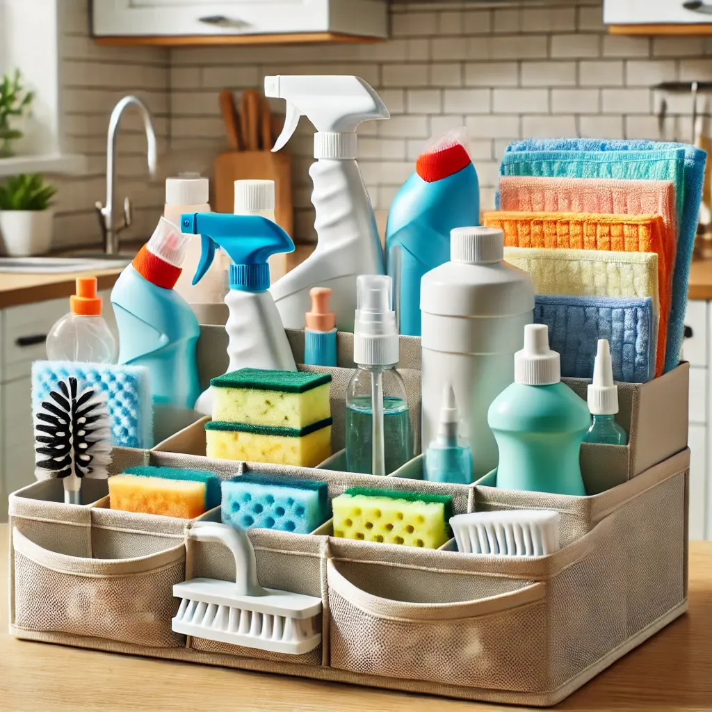 Neatly arranged cleaning caddy with spray bottles, cloths, and brushes on a countertop