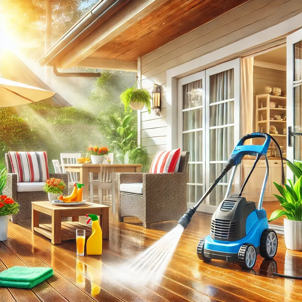 A bright patio area with freshly cleaned furniture and windows, and a power washer in use, ready for spring