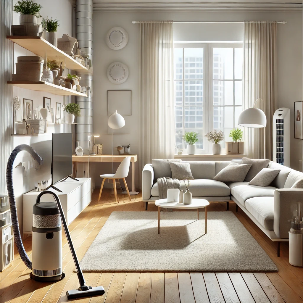 A clean and organized living room with minimalistic furniture, hardwood floors, closed blinds, and an air purifier, emphasizing a dust-free environment