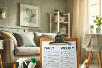 A cozy living room with a cleaning checklist and supplies like a mop and spray bottles, with natural light streaming in