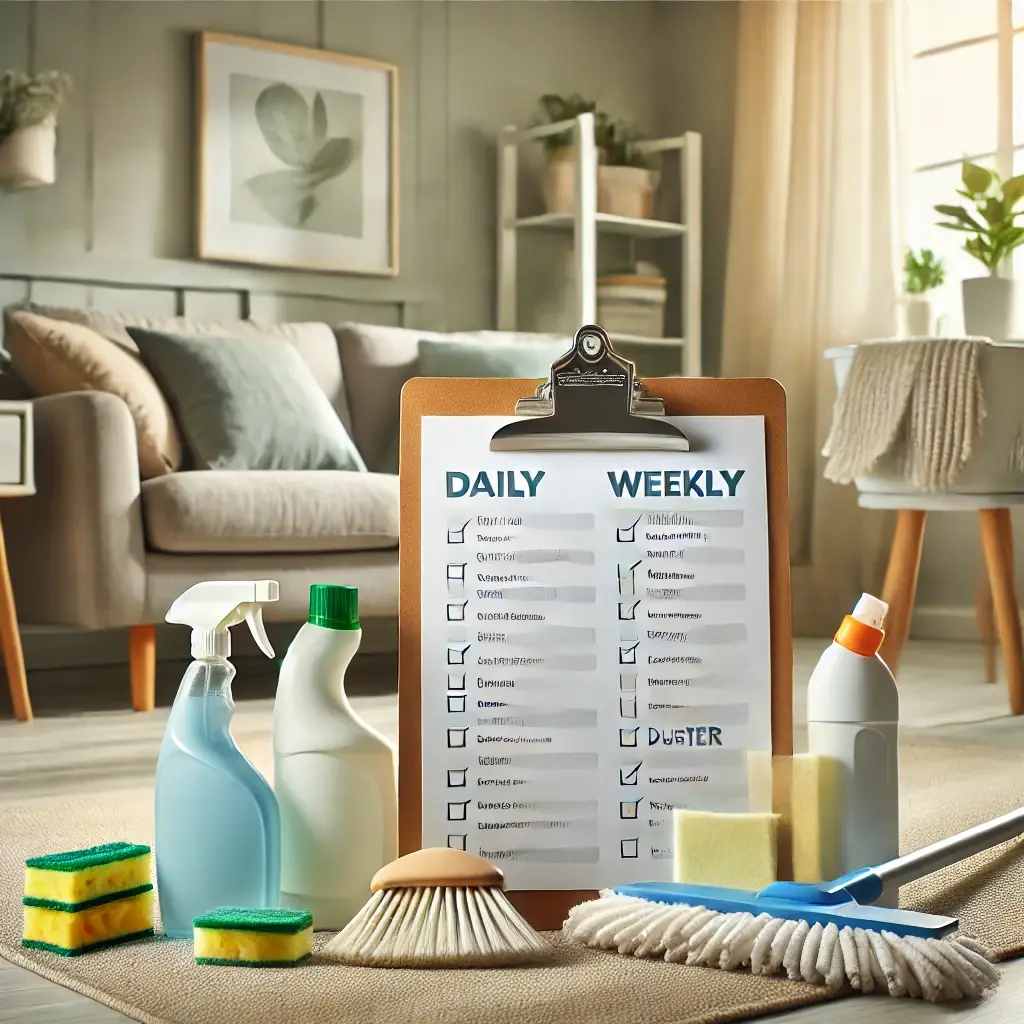 A cozy living room with a cleaning checklist and supplies like a mop and spray bottles, with natural light streaming in