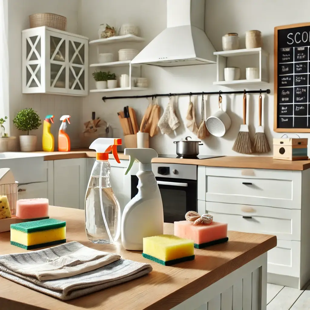 A bright, organized kitchen with cleaning supplies on the counter and a cleaning schedule on the wall
