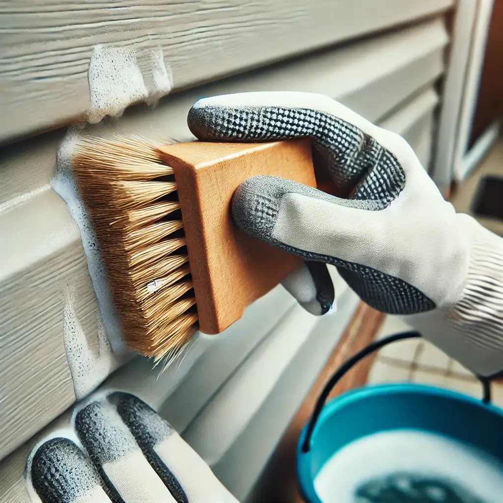 A close-up of someone cleaning the siding of a home with a soft-bristle brush, highlighting the cleaning process