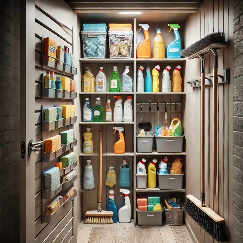 Compact utility closet with cleaning supplies on shelves and tools hung on hooks