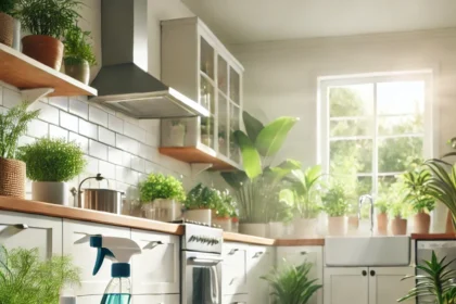 A clean, modern kitchen with eco-friendly cleaning products on the countertop and bright natural light