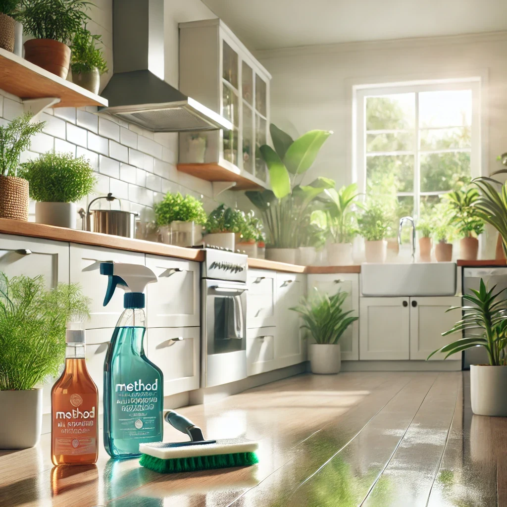 A clean, modern kitchen with eco-friendly cleaning products on the countertop and bright natural light