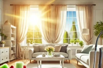 A clean, organized living room with sunlight streaming through freshly washed windows and cleaning tools on a table