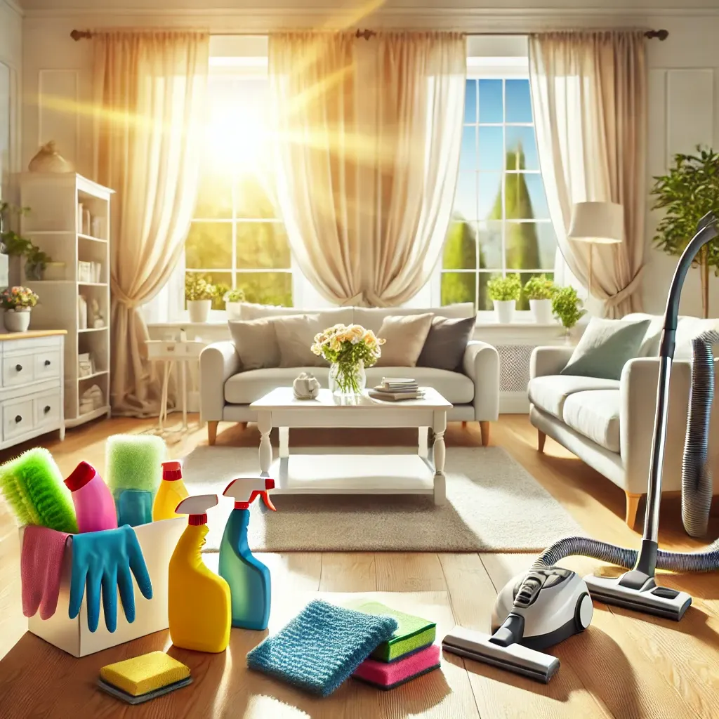 A clean, organized living room with sunlight streaming through freshly washed windows and cleaning tools on a table