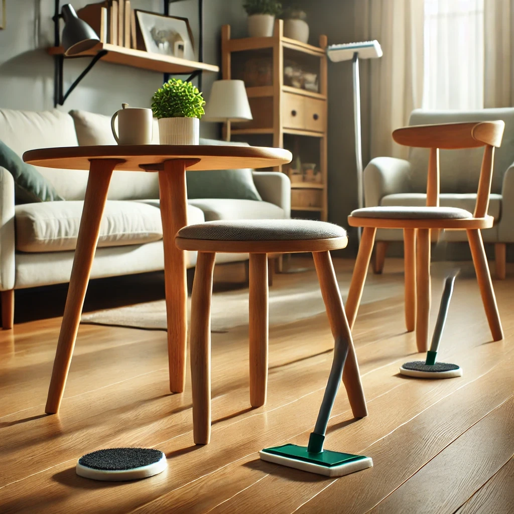 A cozy room with a shiny wooden floor, damp mop, and furniture with felt pads to prevent scratches