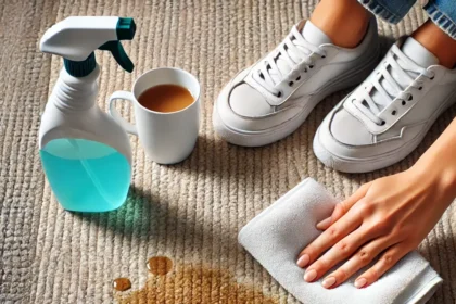 Image demonstrating the removal of a coffee stain on a light-colored carpet