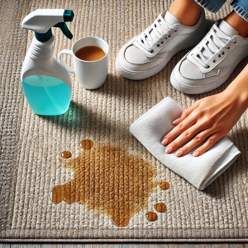 Image demonstrating the removal of a coffee stain on a light-colored carpet