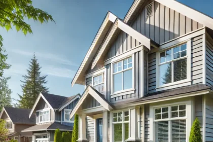 A clean and well-maintained suburban home exterior, showing fresh siding, clean windows, and neatly trimmed lawn and garden