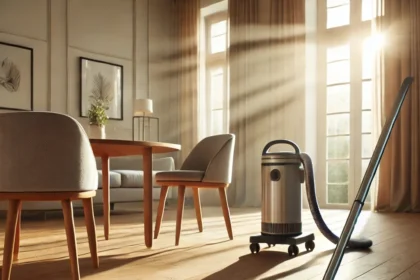 A bright living room with a clean wooden floor, broom, vacuum, and furniture with felt pads.