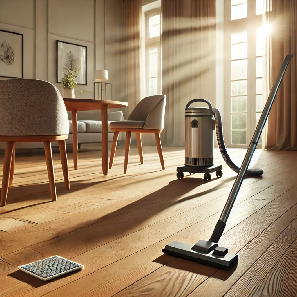 A bright living room with a clean wooden floor, broom, vacuum, and furniture with felt pads.